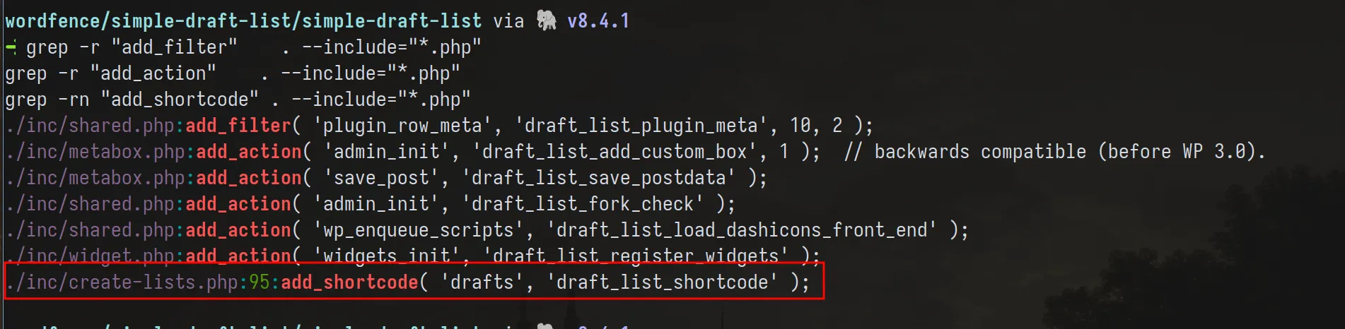 terminal showing the grep output for add_shortcode hitting