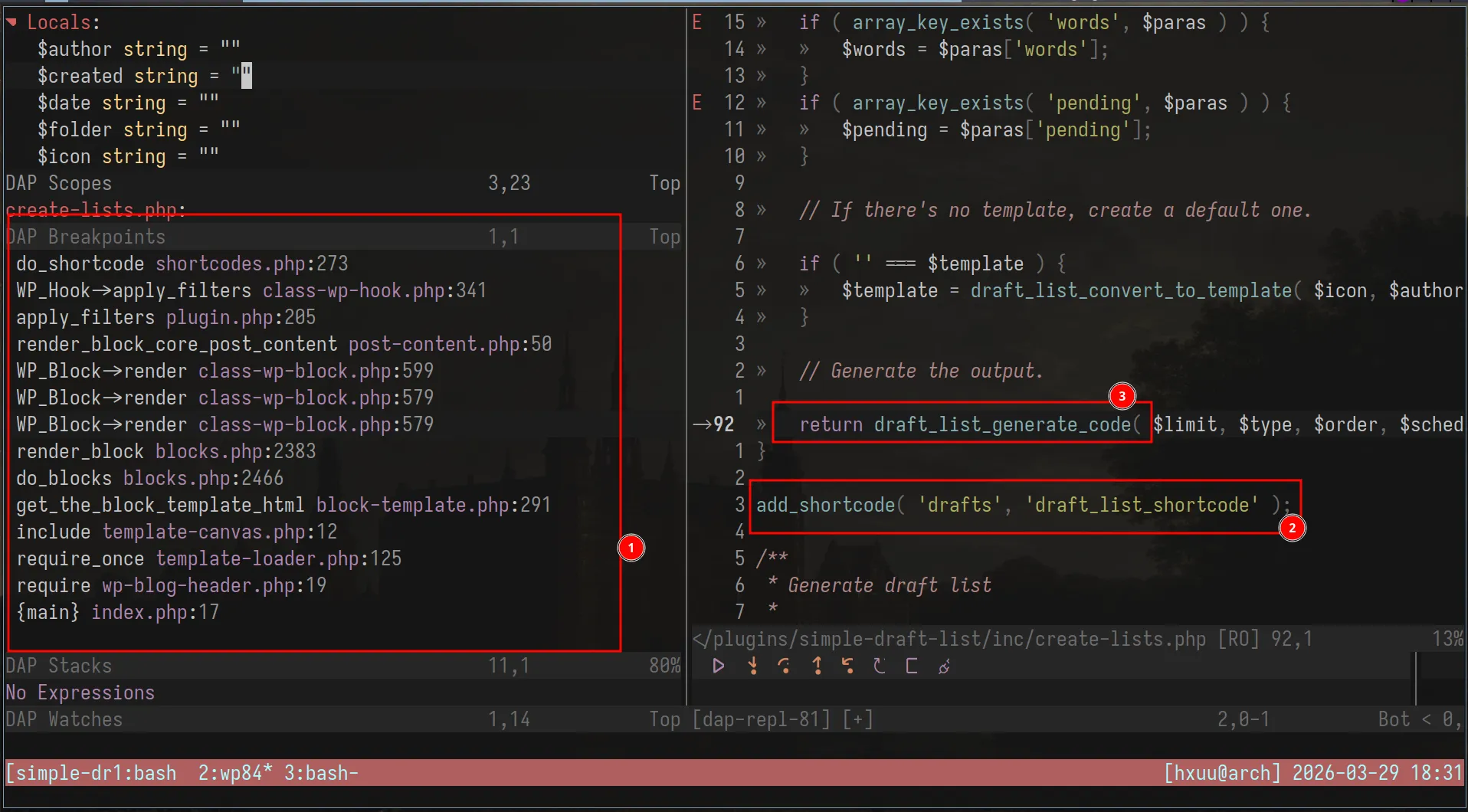 Xdebug stopped at the first line of the shortcode callback