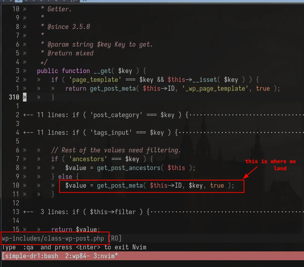 wp-includes/class-wp-post.php open in editor with the __get() method visible