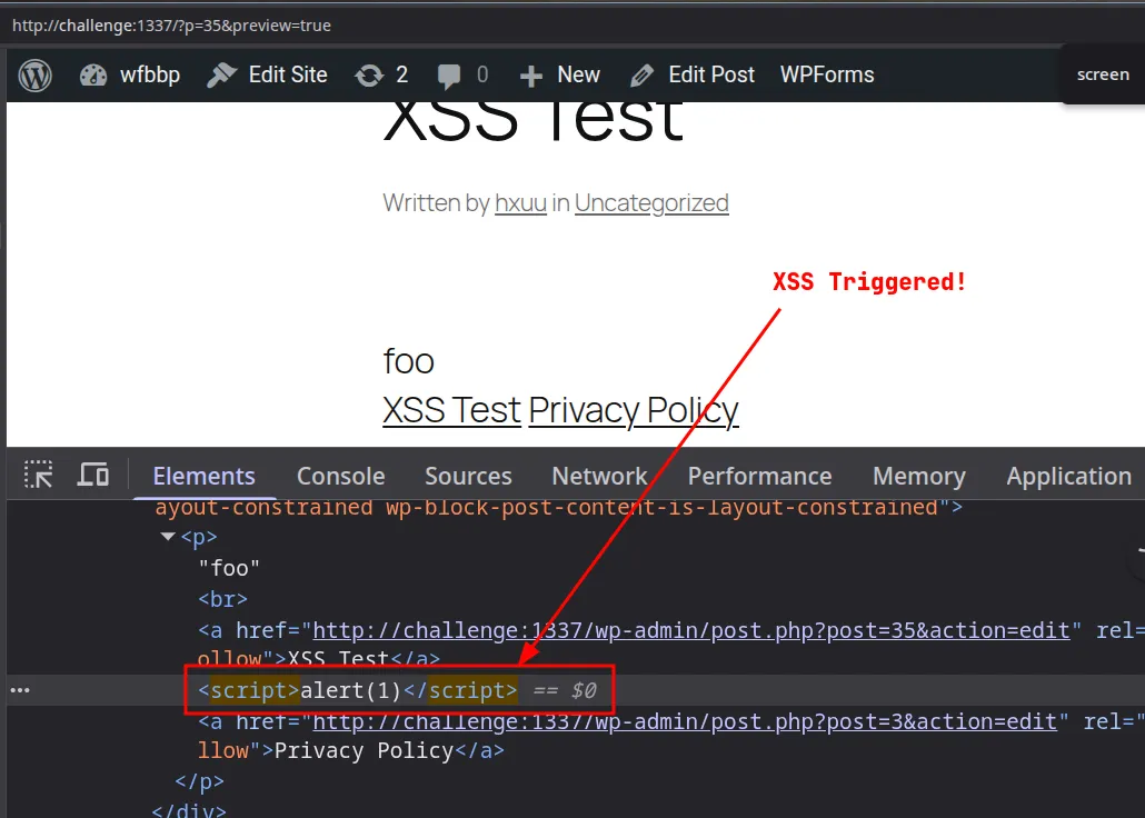browser devtools Elements panel with the unescaped display_name sitting raw in the rendered HTML.