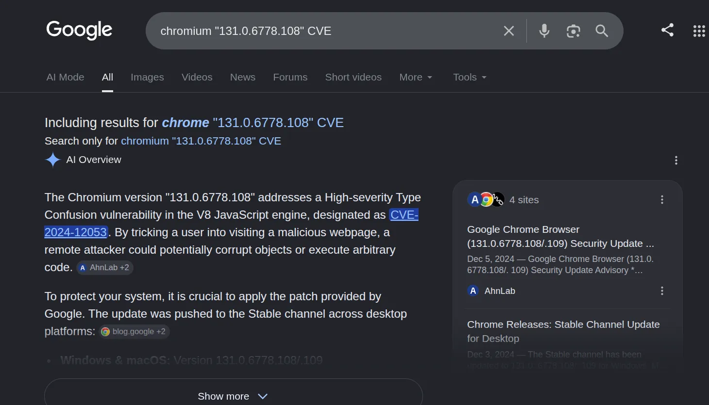 screenshot of the chromium issue in a google search